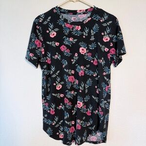 HOLLISTER Men’s Black Crew Neck Tee with Floral Design and Curved Hem Size M